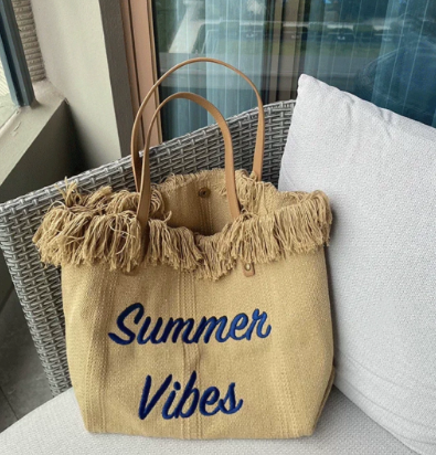 Large capacity canvas tote bag with embroidered letters, handbag for women, woven beach bag, shoulder bag