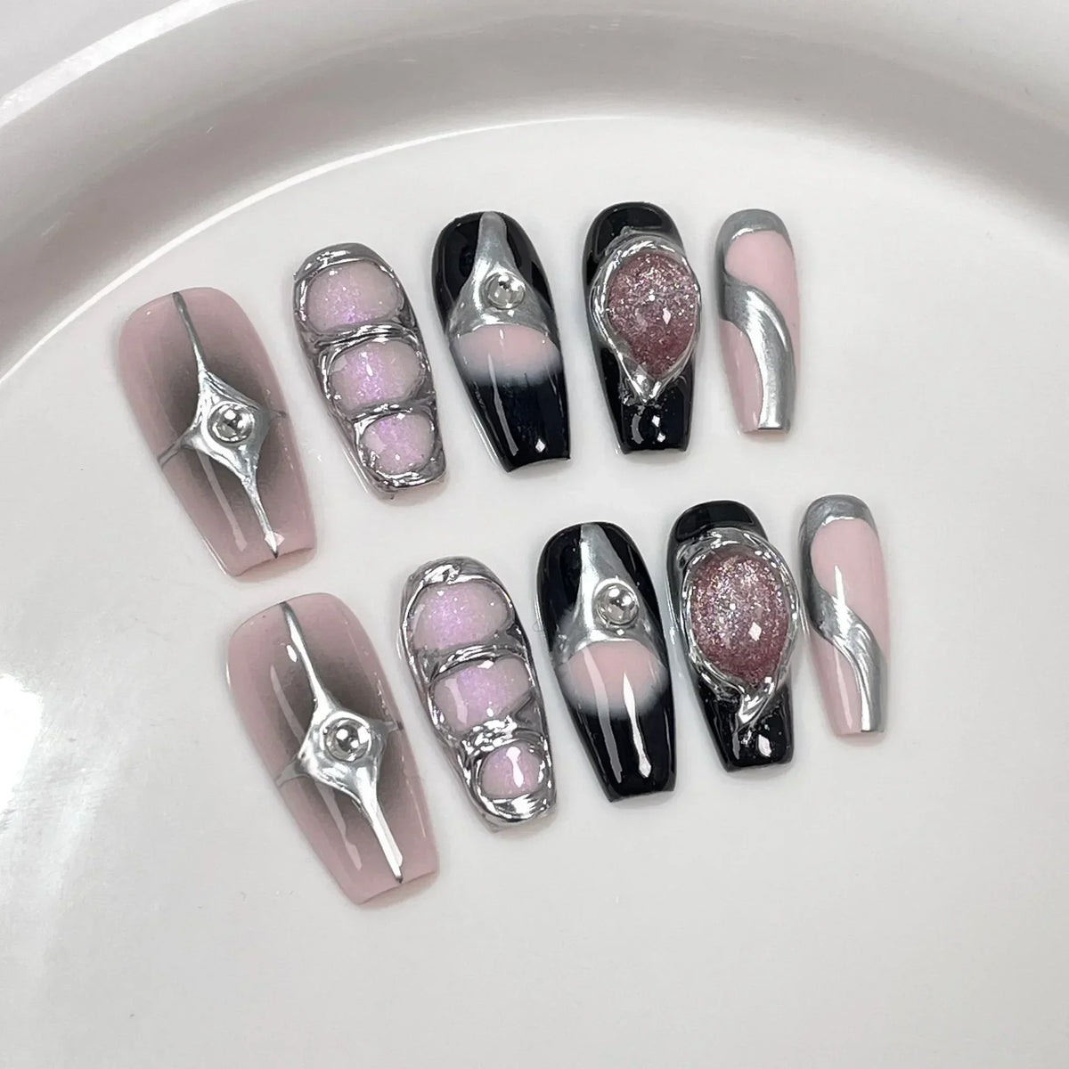 Black Handmade Press On Nails-0