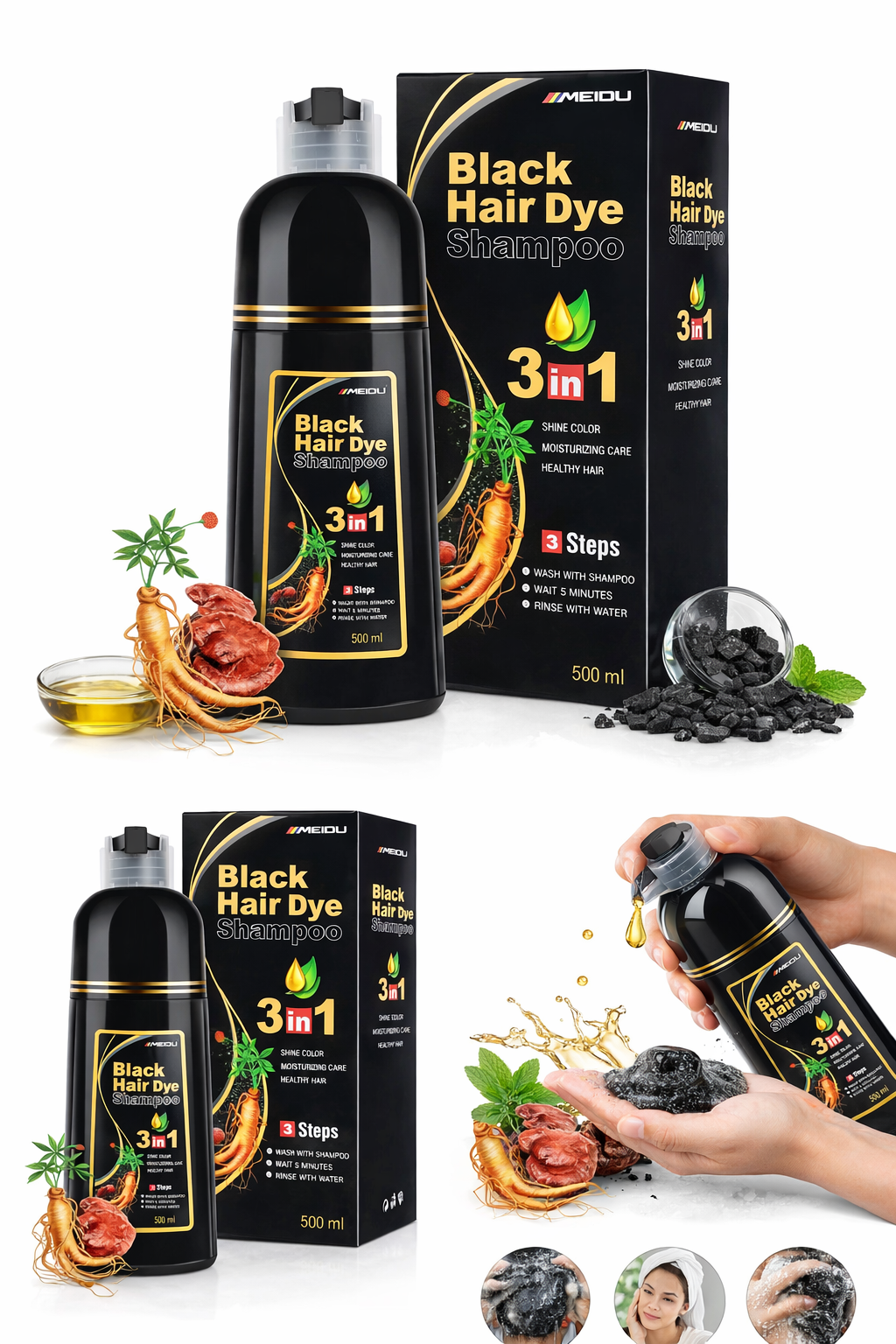 Meidu Hair color shampoo 500 ml Black 3 in 1
