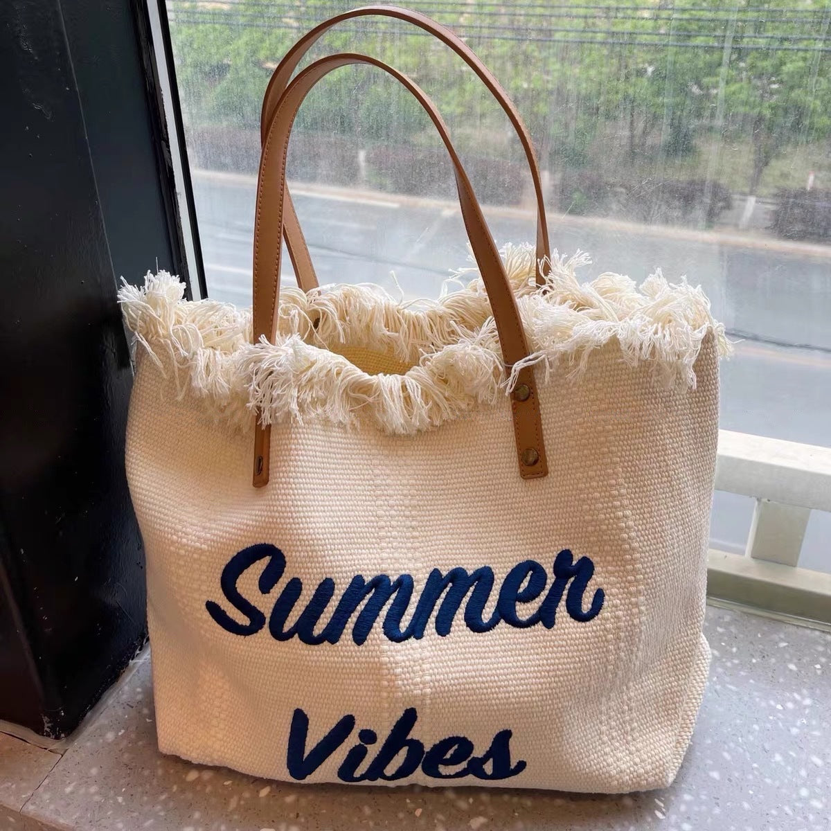 Large capacity canvas tote bag with embroidered letters, handbag for women, woven beach bag, shoulder bag