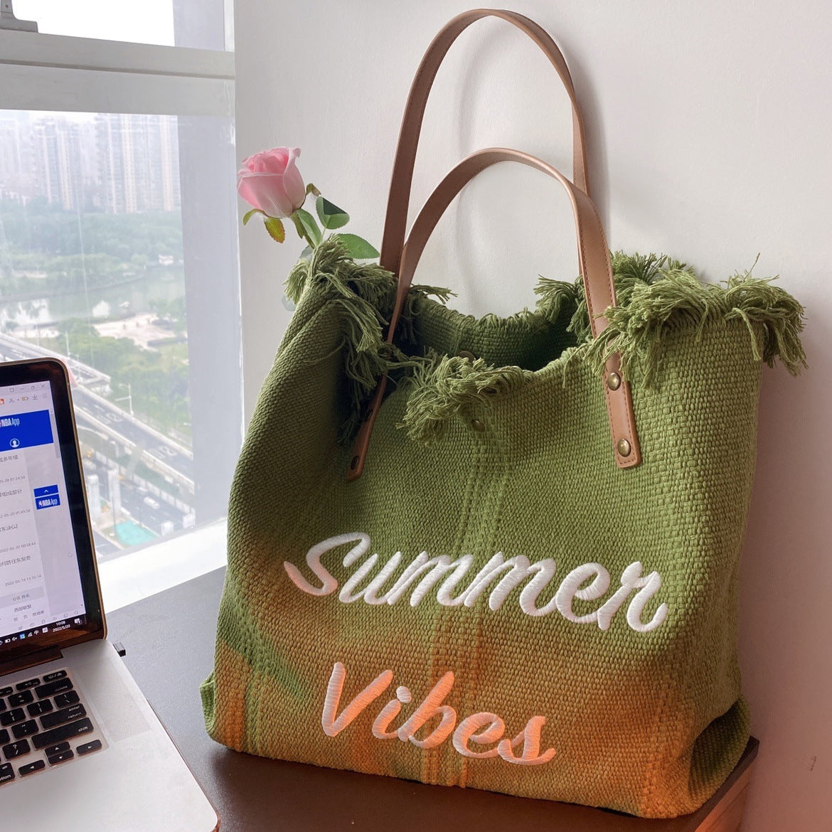 Large capacity canvas tote bag with embroidered letters, handbag for women, woven beach bag, shoulder bag
