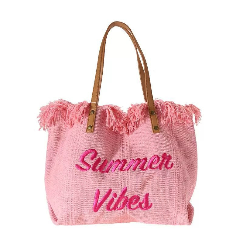Large capacity canvas tote bag with embroidered letters, handbag for women, woven beach bag, shoulder bag