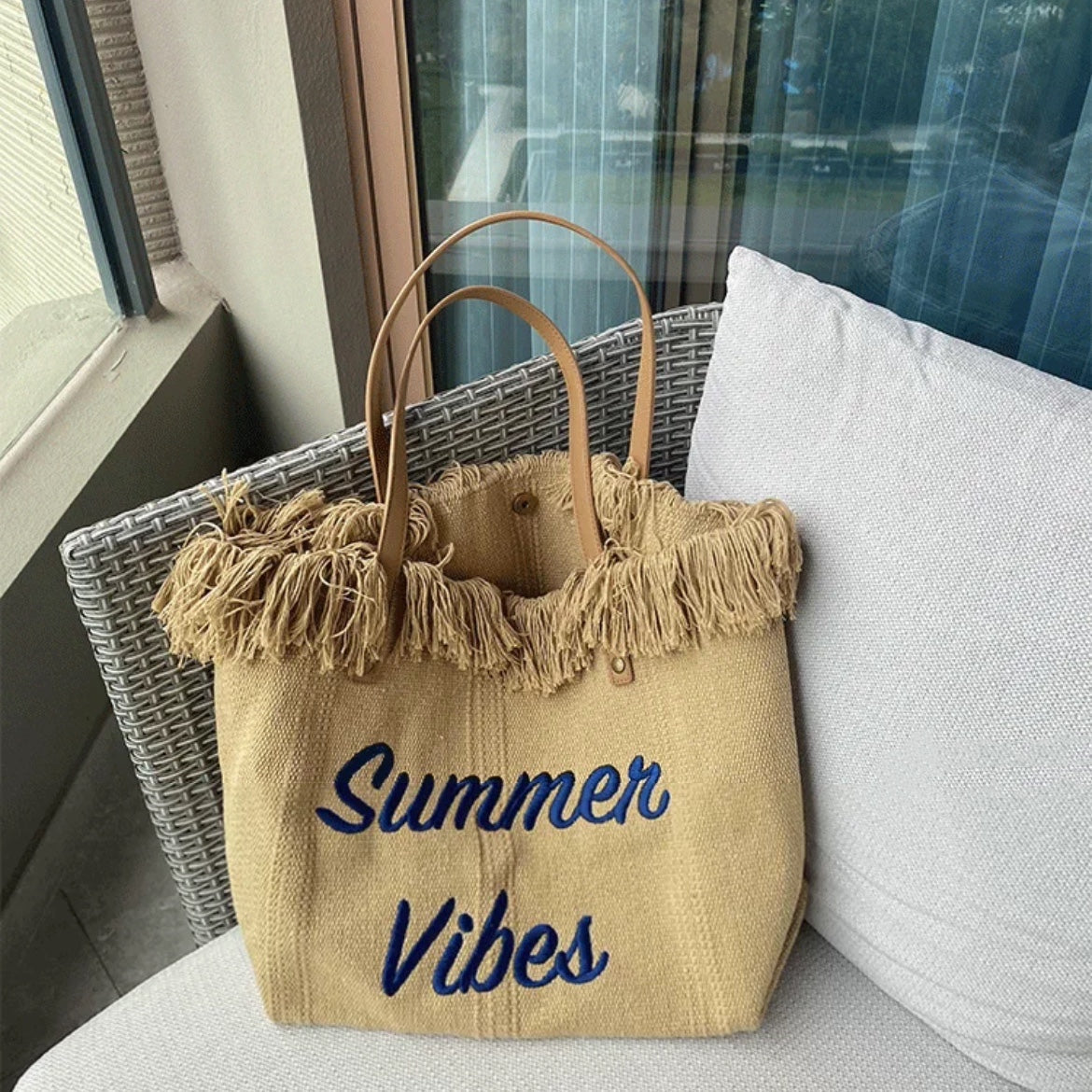 Large capacity canvas tote bag with embroidered letters, handbag for women, woven beach bag, shoulder bag