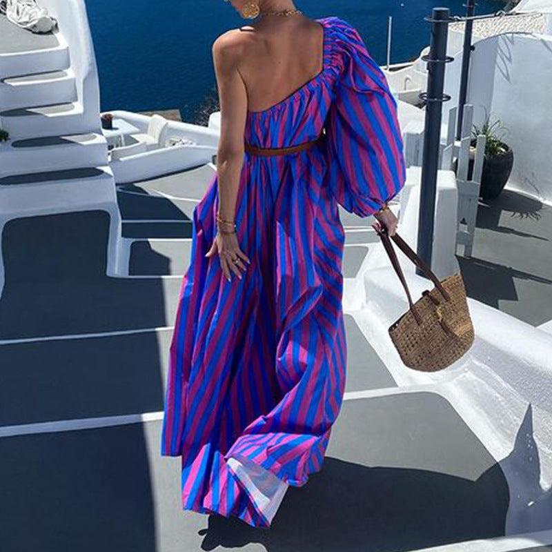 Fashion Personalized Oblique Shoulder Boho Striped Women&