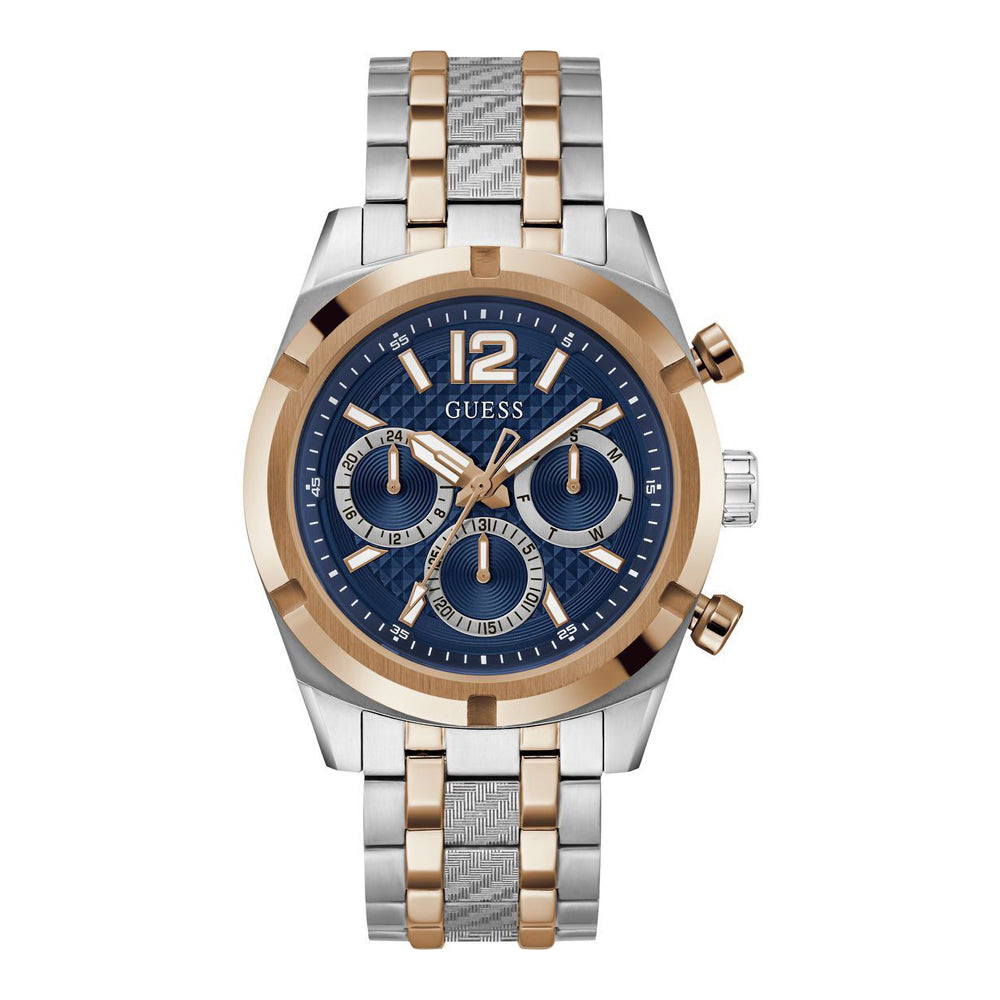 Guess Resistance GW0714G3 mens watch blue chronograph dial rose gold two-tone bracelet