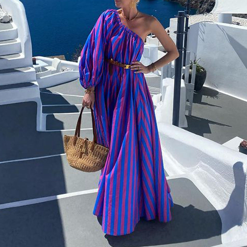 Fashion Personalized Oblique Shoulder Boho Striped Women&