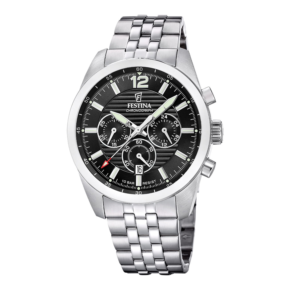 Festina Timeless F20742/3 Elegant Chronograph Watch – Black Dial, Stainless Steel