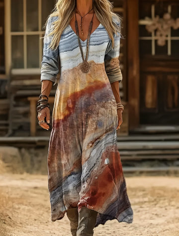 Boho Tie-Dye Watercolor Print V-Neck Long-Sleeve Maxi Dress