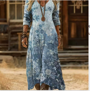 Boho Tie-Dye Watercolor Print V-Neck Long-Sleeve Maxi Dress