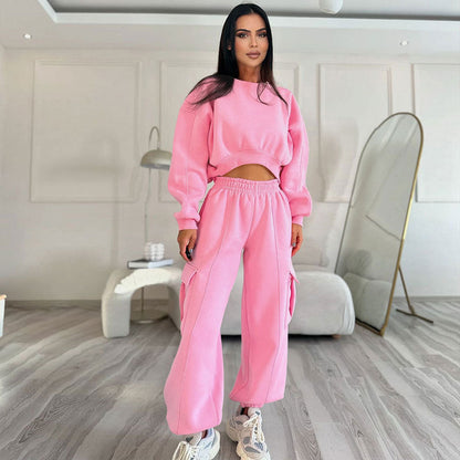 European And American Autumn New Round Neck High Waist Sweater Pocket Loose Sweatpants Suit