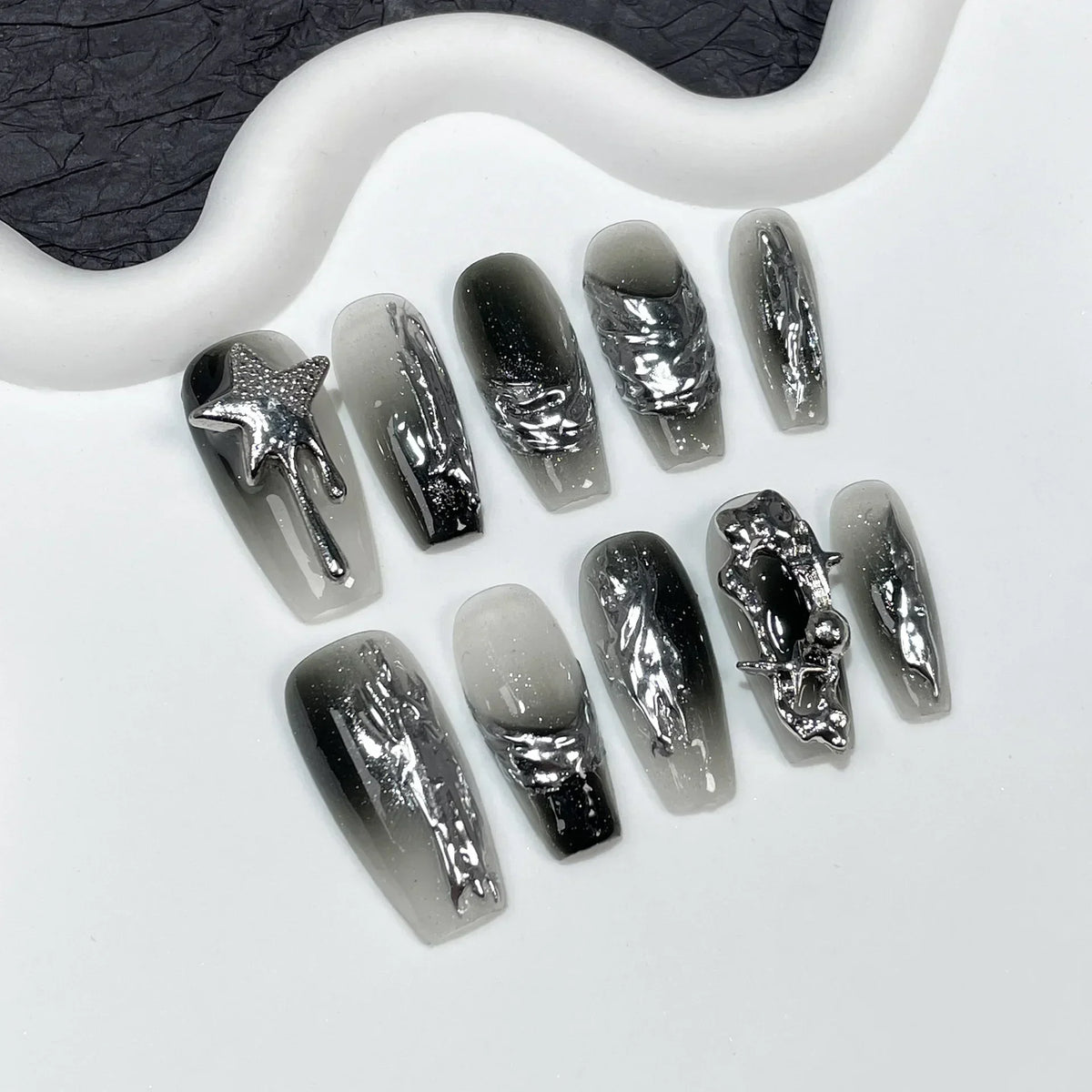 Black Handmade Press On Nails-1
