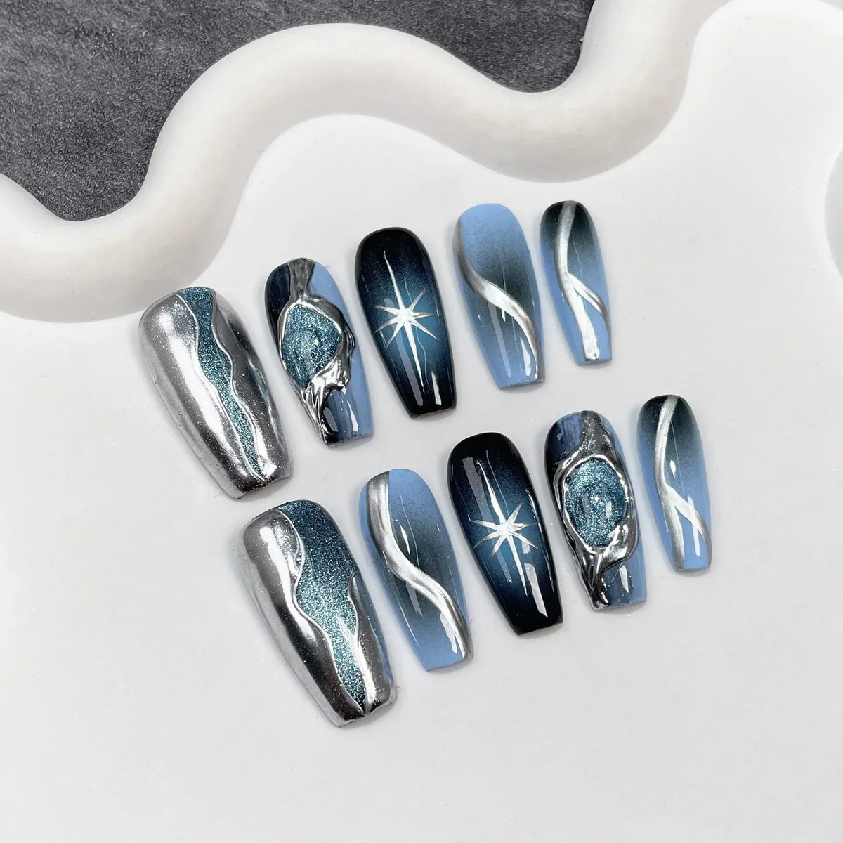 Black Handmade Press On Nails-7