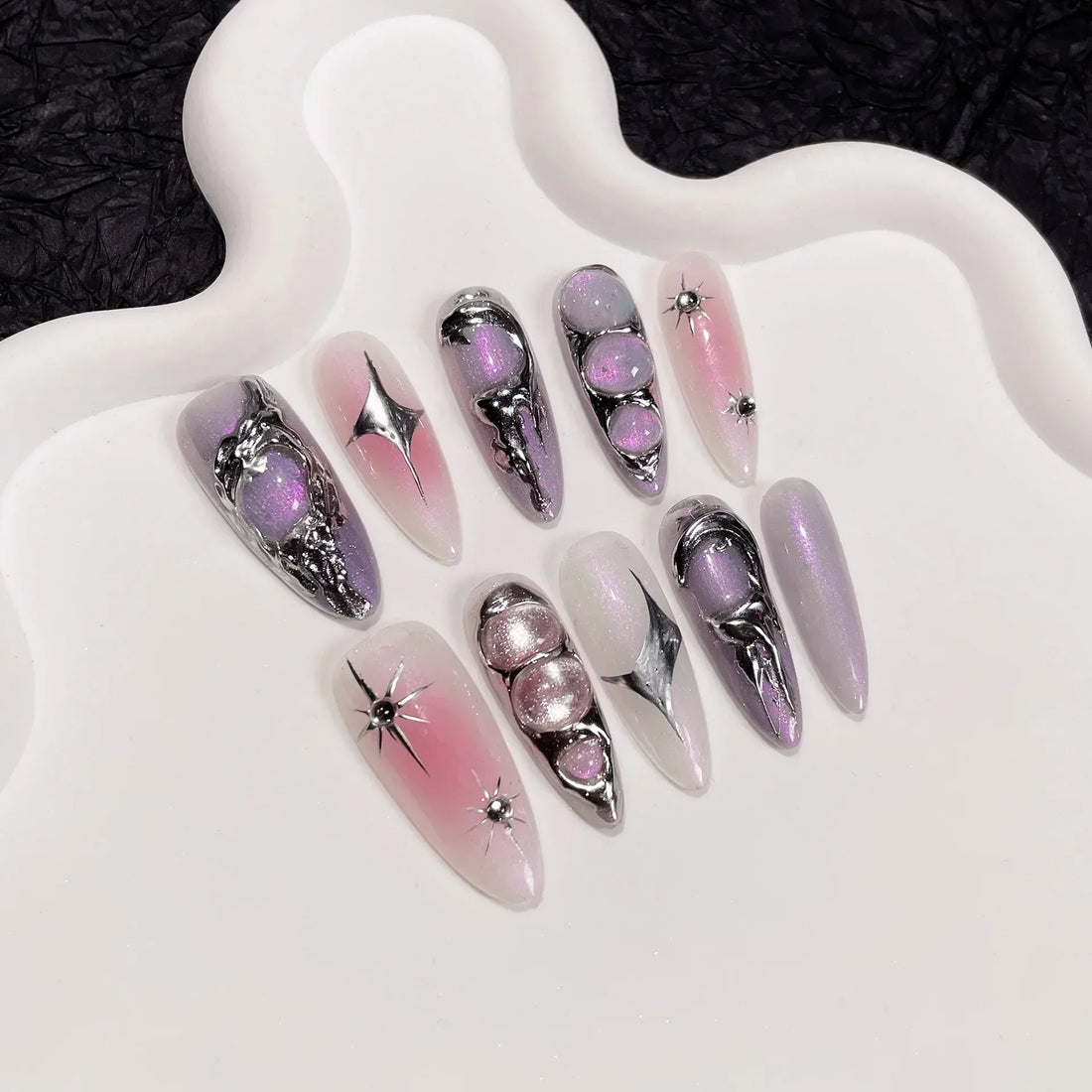Black Handmade Press On Nails-10