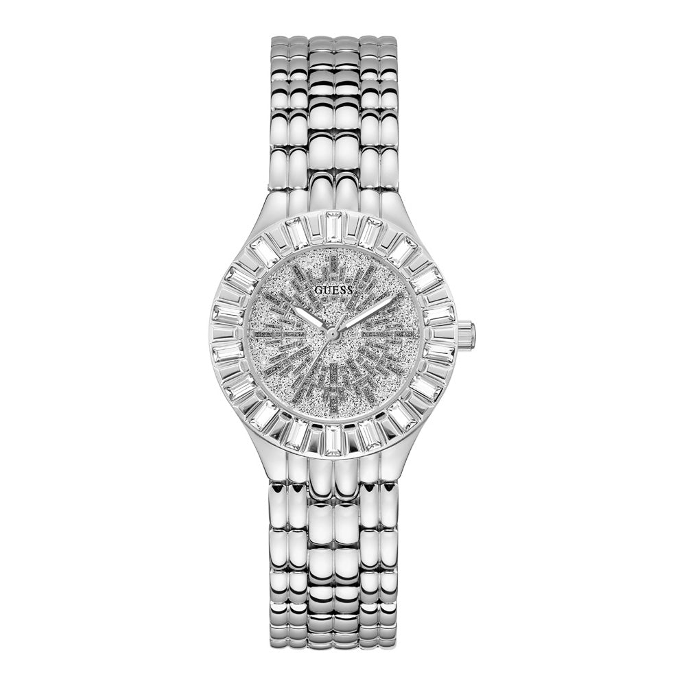 Guess Firework GW0602L1 Sparkly Silver Watch – Crystal Bezel &amp; Glitter Dial