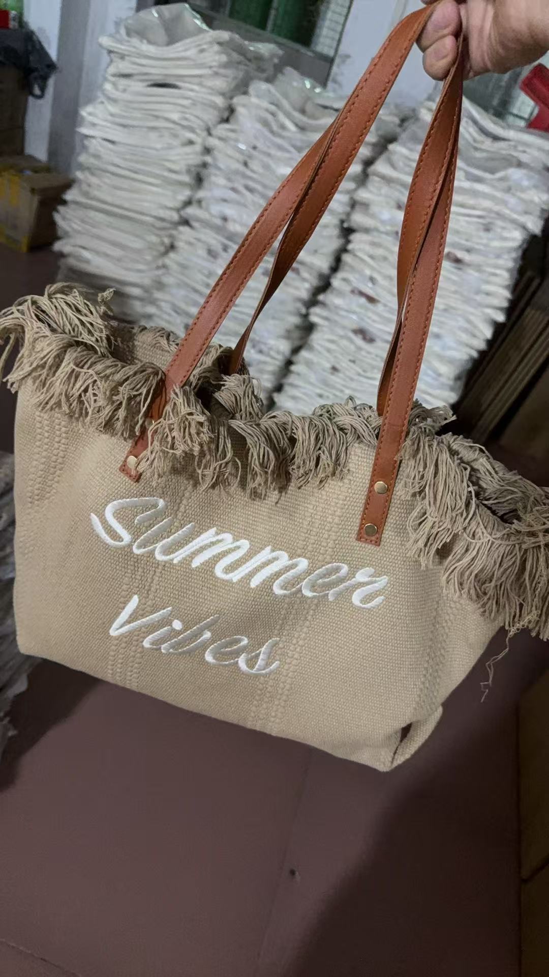 Large capacity canvas tote bag with embroidered letters, handbag for women, woven beach bag, shoulder bag