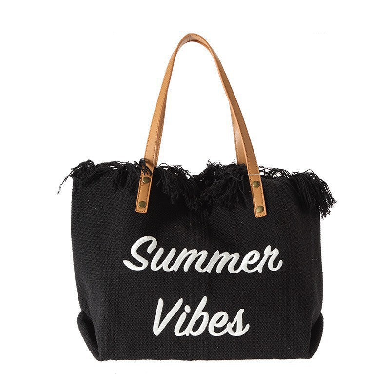 Large capacity canvas tote bag with embroidered letters, handbag for women, woven beach bag, shoulder bag