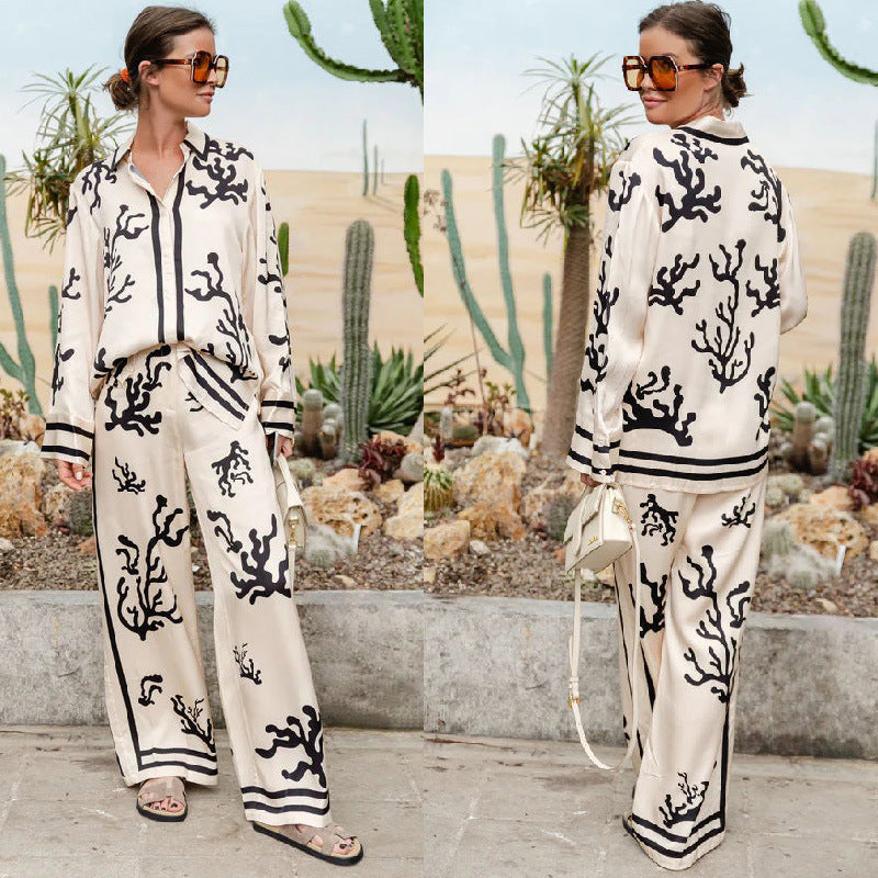 European and American printed color blocked satin vacation loose and casual two-piece set