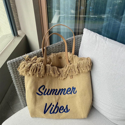 Large capacity canvas tote bag with embroidered letters, handbag for women, woven beach bag, shoulder bag