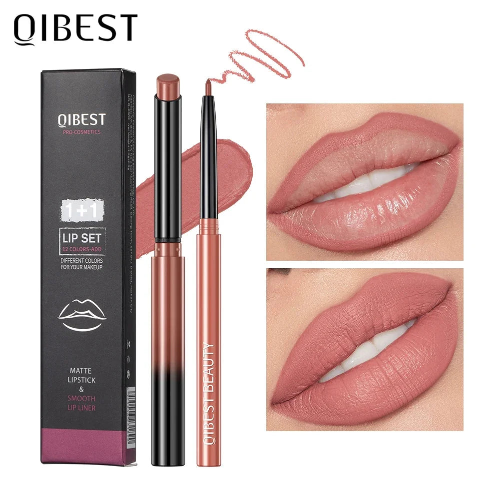QIBEST Matte Nude Lipstick &amp; Lipliner Set Waterproof Long Lasting