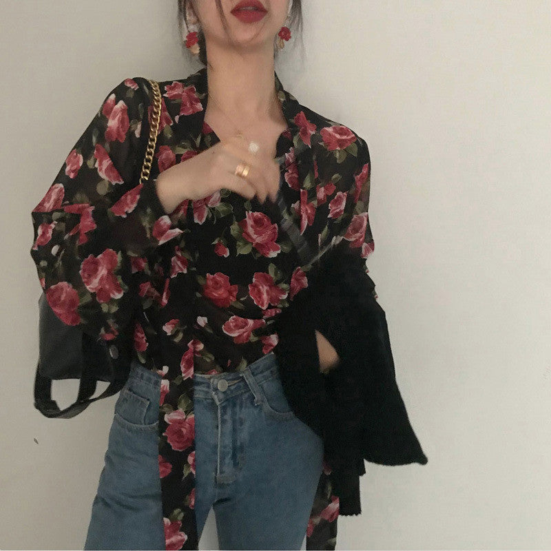Damen Vintage Chiffon Bluse Floral V-Ausschnitt Produktansicht